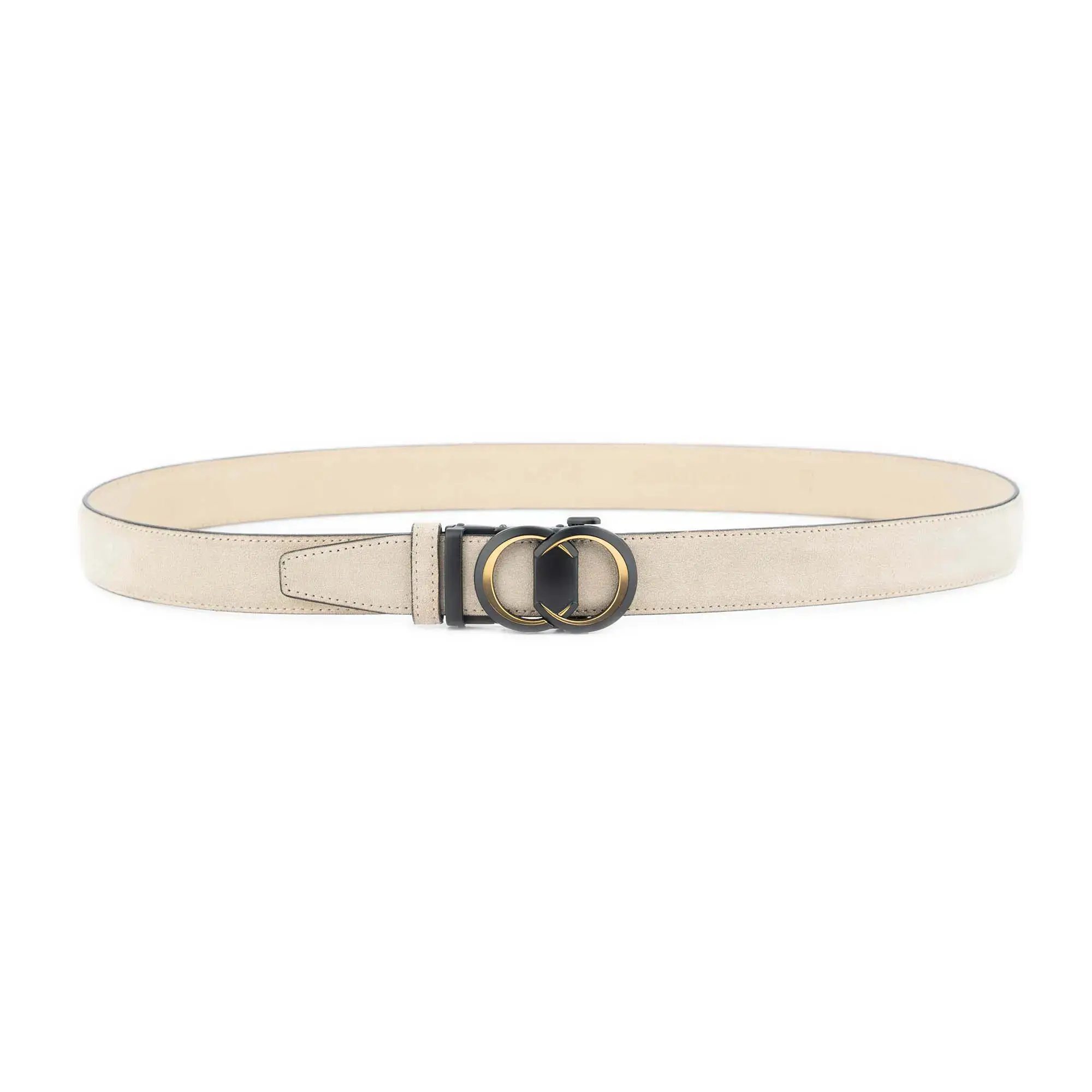 Beige Suede Ladies Ratchet Belt Gold Black Double Circle Buckle 2