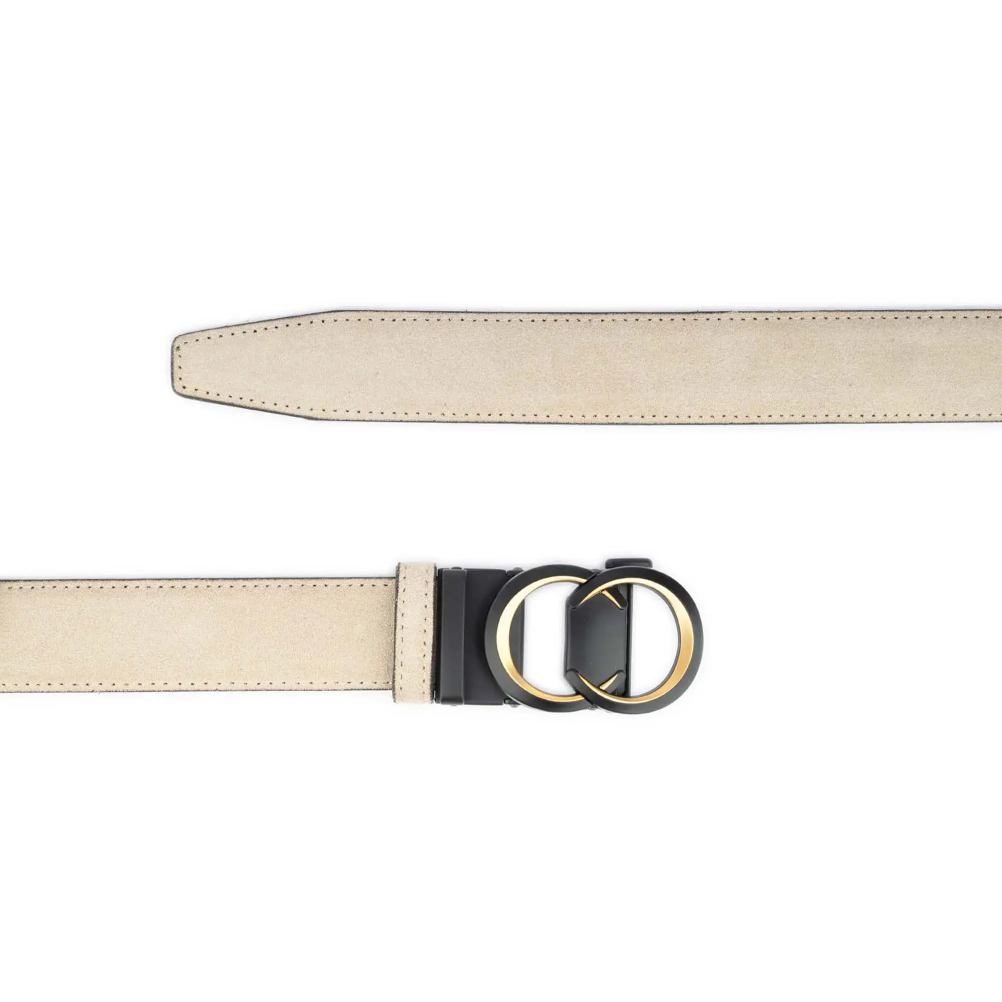 Beige Suede Ladies Ratchet Belt Gold Black Double Circle Buckle 3