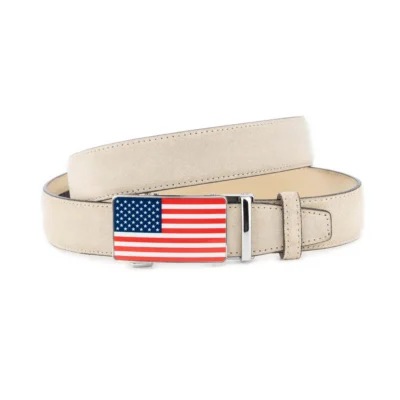 Beige Suede Leather Ratchet Belt With American Flag Buckle 1 BEIRAT 35 USAFLSILV DRM