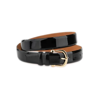 black women's patent leather belt with gold horseshoe buckle 1 PATBLA35HORSGOLD