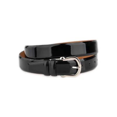 black women's patent leather belt with silver horseshoe buckle 1 PATBLA35HORSSILV