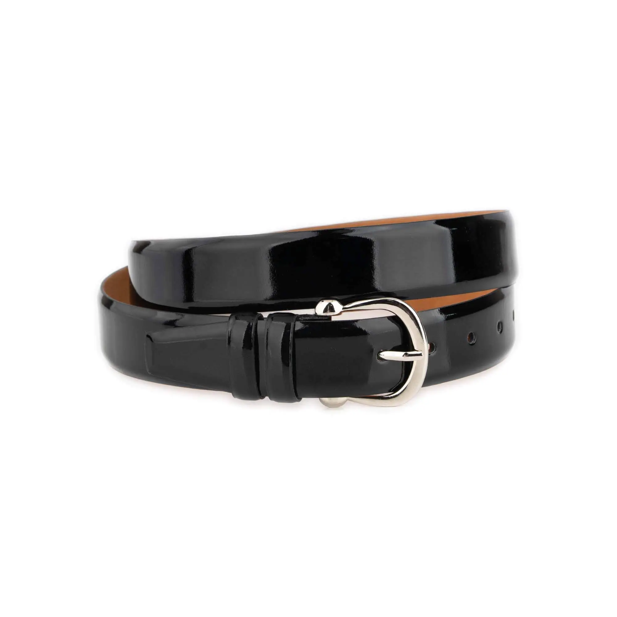 black women's patent leather belt with silver horseshoe buckle 1 PATBLA35HORSSILV