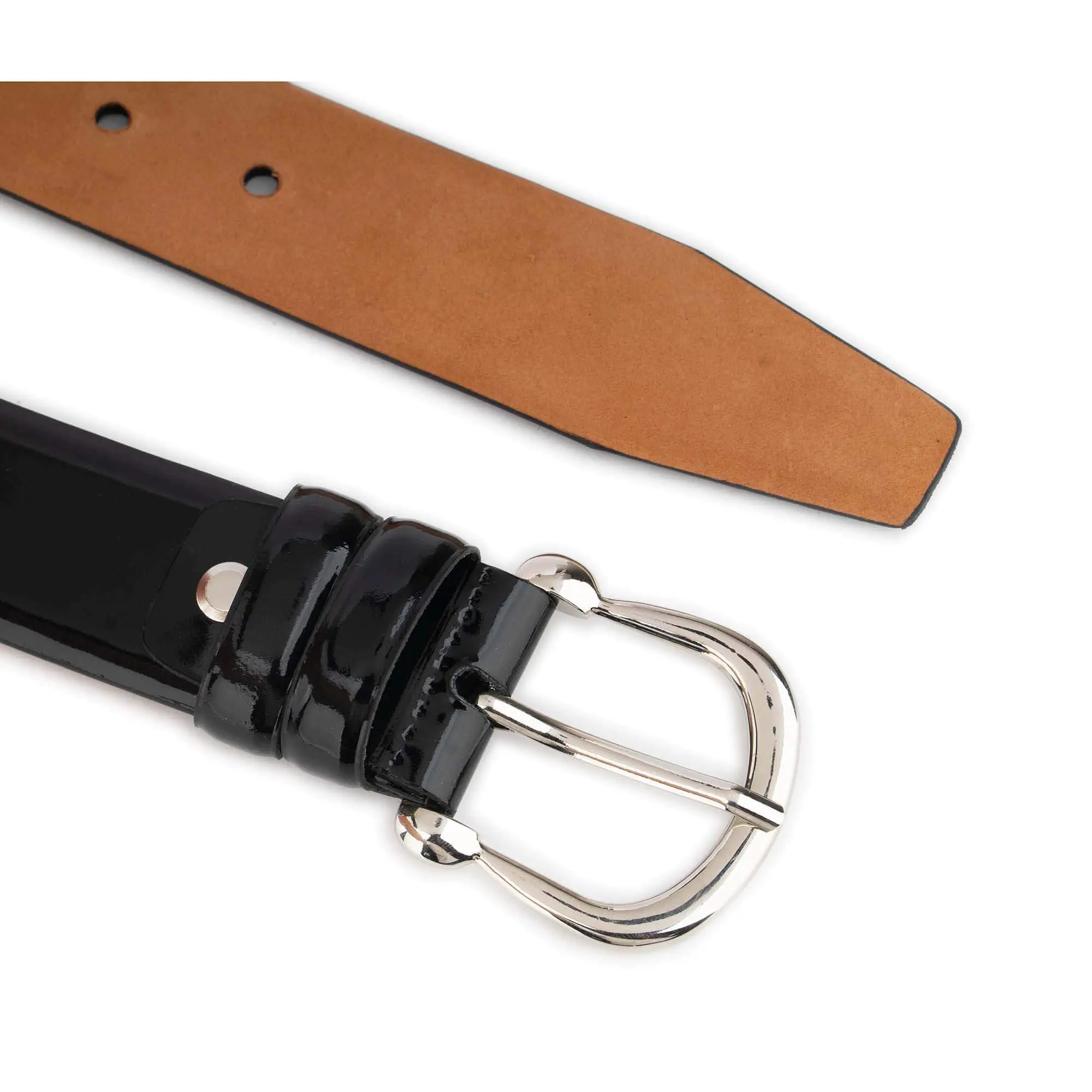 black women's patent leather belt with silver horseshoe buckle 3