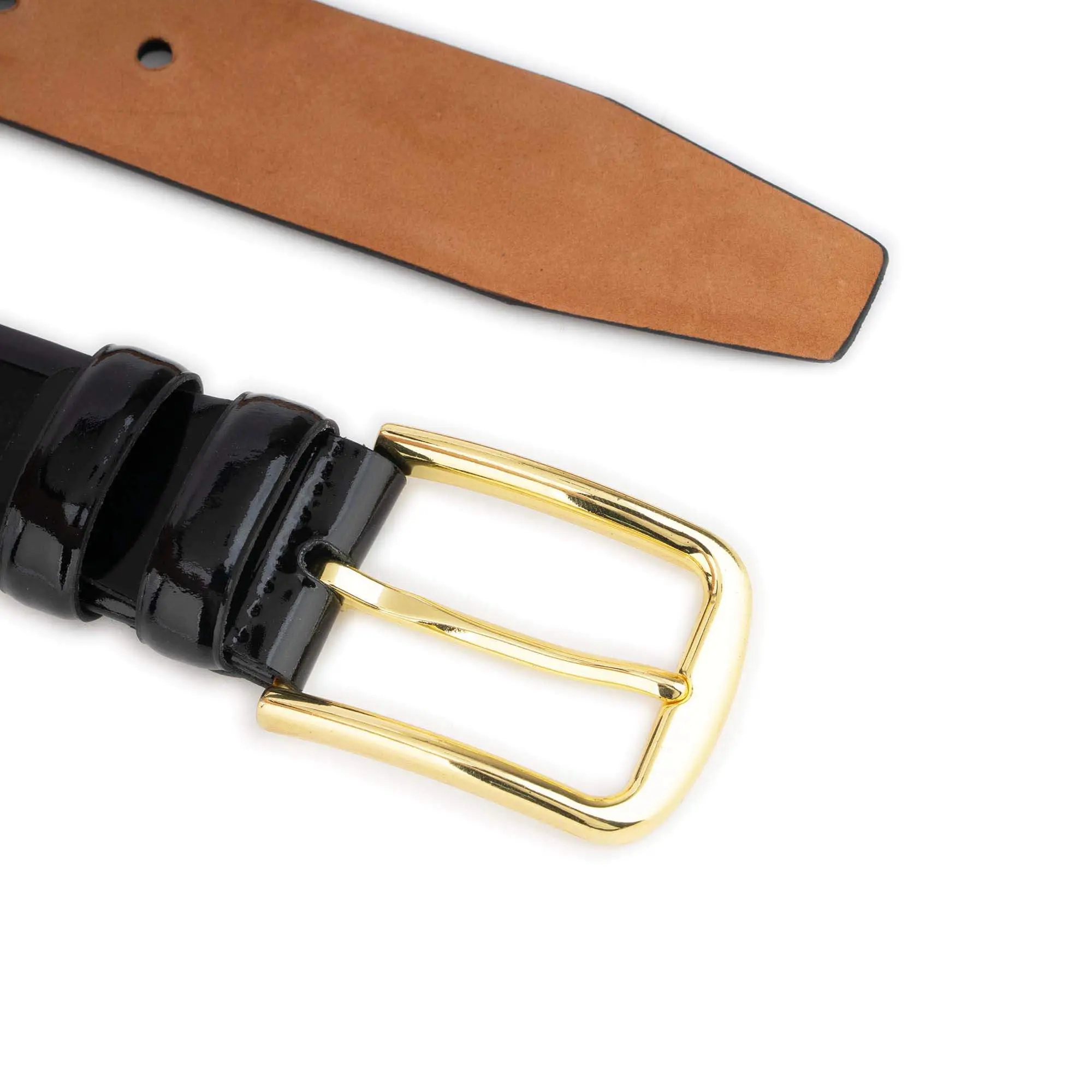 mens black patent leather belt with gold buckle 3