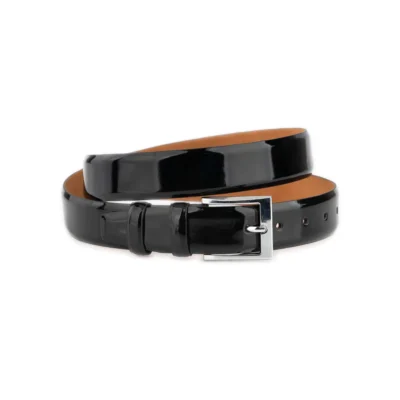 mens black patent leather belt with shiny silver buckle 1 PATBLA35NICSQUAR