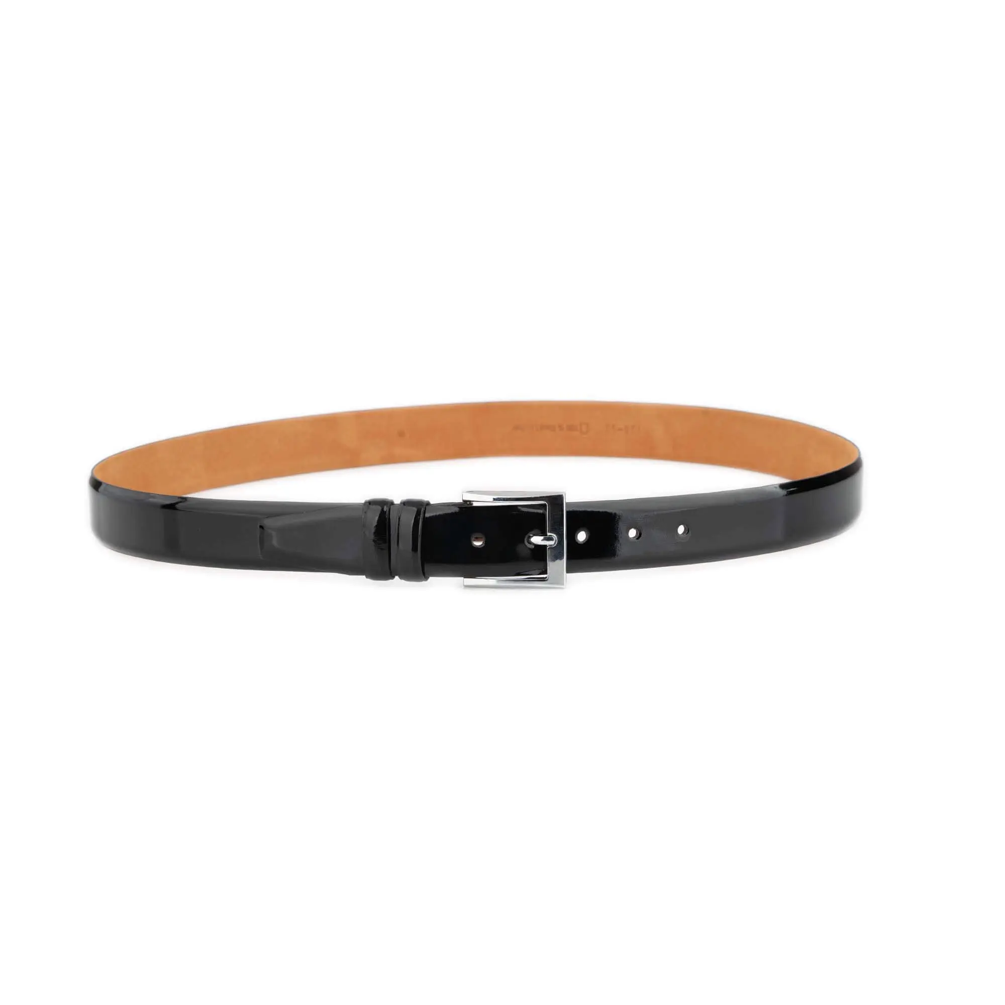mens black patent leather belt with shiny silver buckle 2