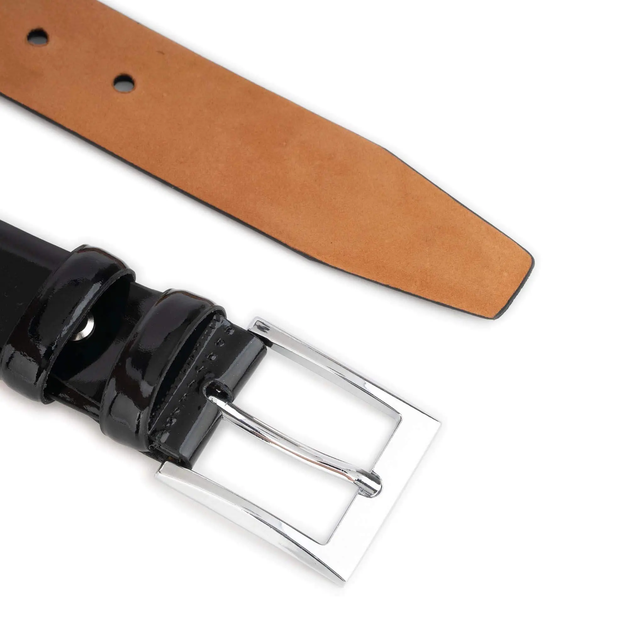 mens black patent leather belt with shiny silver buckle 3