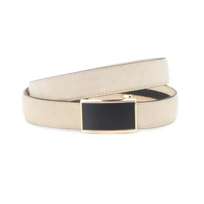 Beige Suede Men's Ratchet Belt With Gold Buckle 1 BEIRAT 35 RECGDBLA DRM