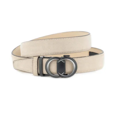 Ladies Ratchet Belt Beige Suede Interlocking Circle Buckle 1 BEIRAT 35 2SILBLCIRC DRM