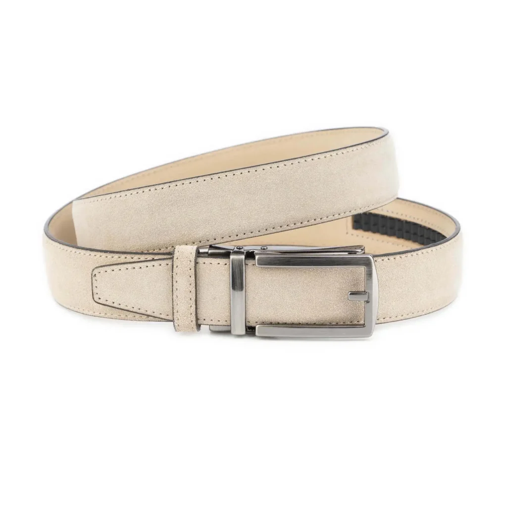 Men's Ratchet Belt Beige Suede Leather with Shiny Gray Buckle 1 BEIRAT 35 GRCLAS DRM