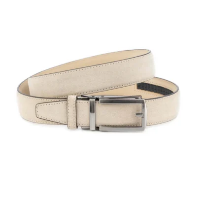 Men's Ratchet Belt Beige Suede Leather with Shiny Gray Buckle 1 BEIRAT 35 GRCLAS DRM