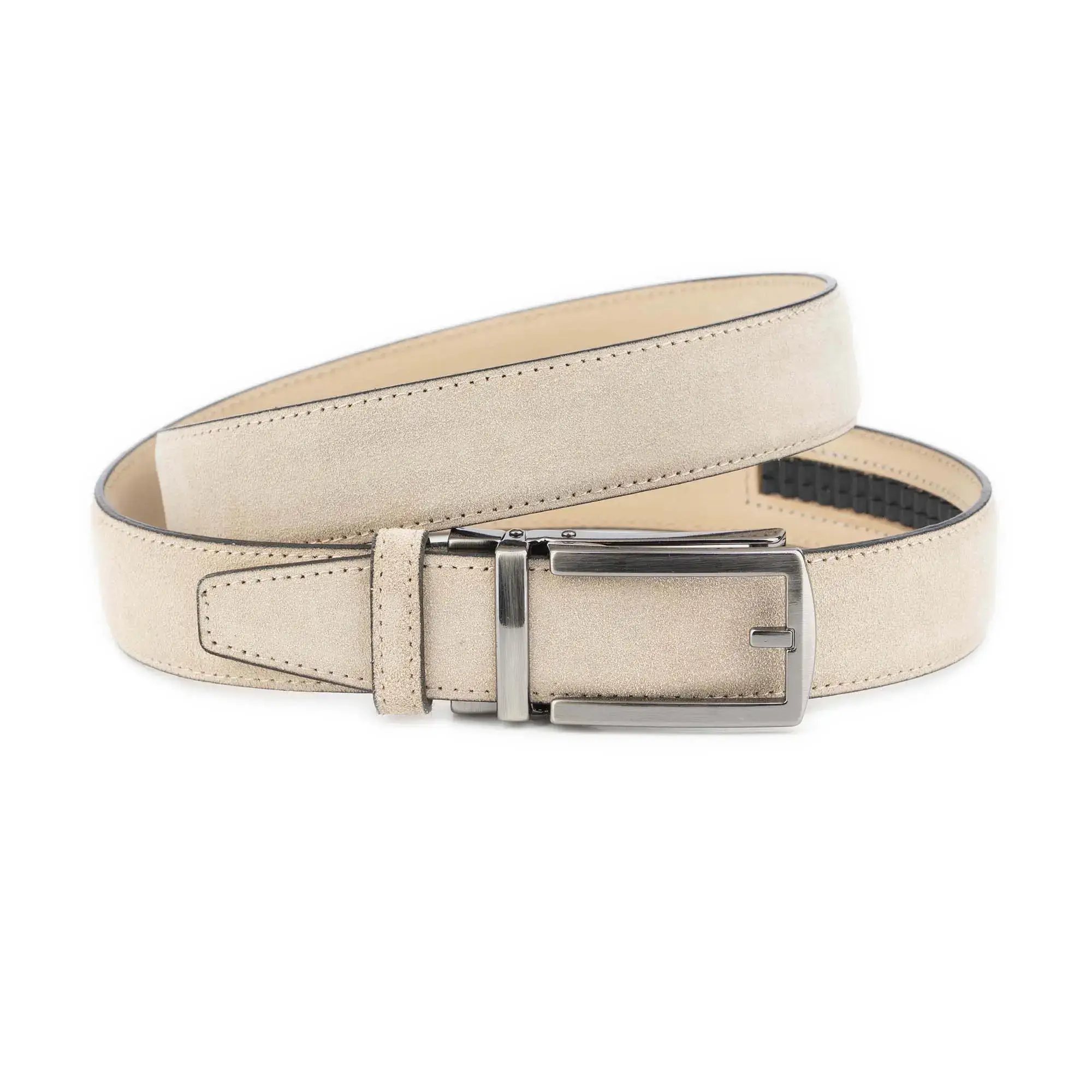 Men's Ratchet Belt Beige Suede Leather with Shiny Gray Buckle 1 BEIRAT 35 GRCLAS DRM