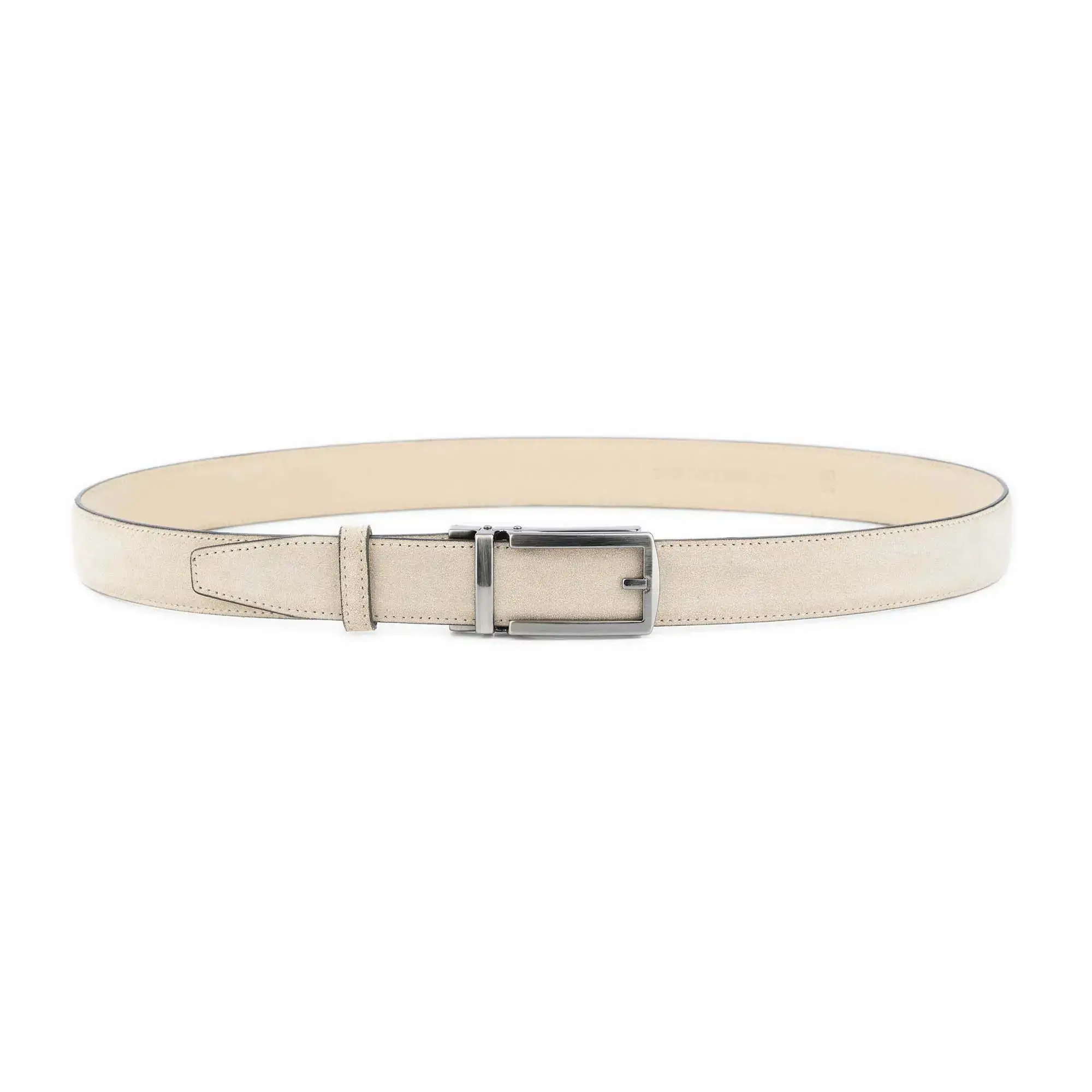 Men's Ratchet Belt Beige Suede Leather with Shiny Gray Buckle 2