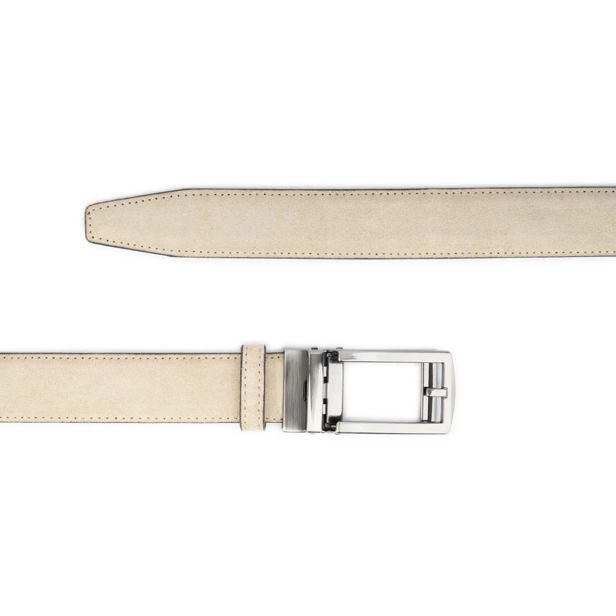 Men's Ratchet Belt Beige Suede Leather with Shiny Gray Buckle 3