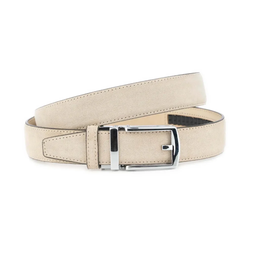 Men's Ratchet Belt With Classic Silver Buckle Beige Suede Leather 1 BEIRAT 35 SILVCLAS DRM