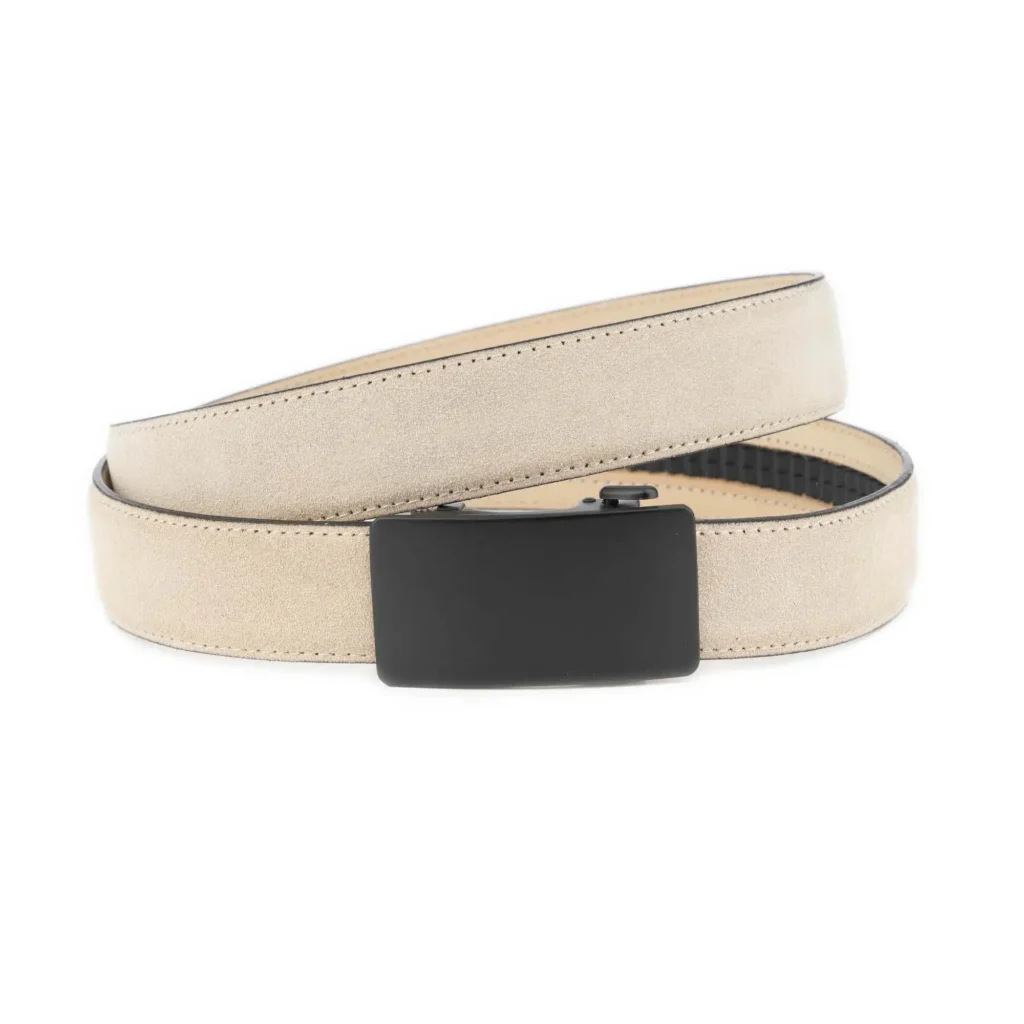 Men's Slide Belt with Black Buckle - Beige Suede Leather