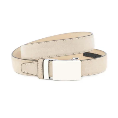 Ratchet Men's Belt Beige Suede Leather with White Buckle 1 BEIRAT 35 WHTBU DRM
