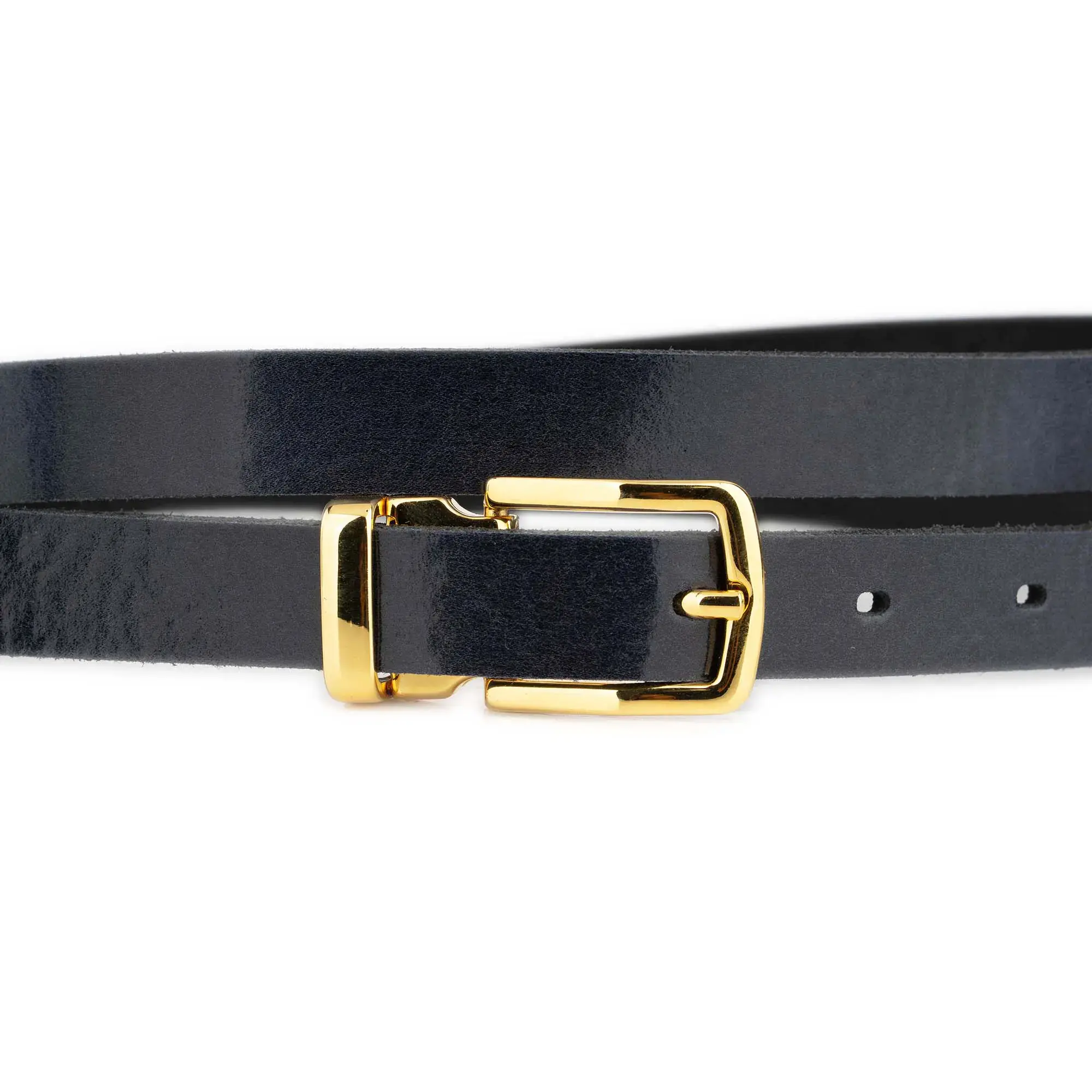 Thin Women's Navy Belt With Gold Buckle Glazed Leather 2