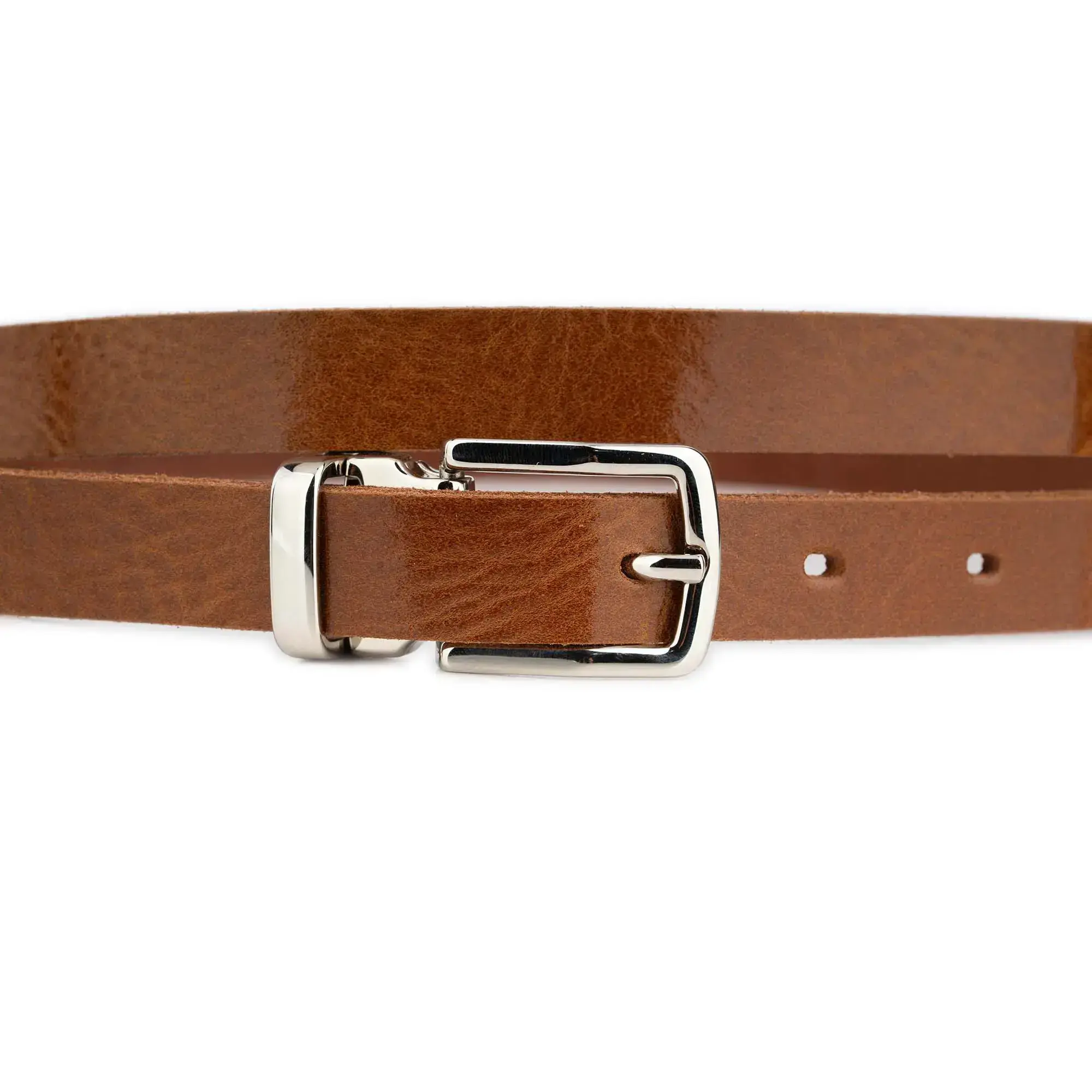 Women's Cognac Glazed Leather Belt with Silver Buckle 2