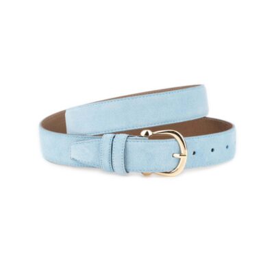 Women's Light Blue Suede Belt With Gold Horseshoe Buckle 1
