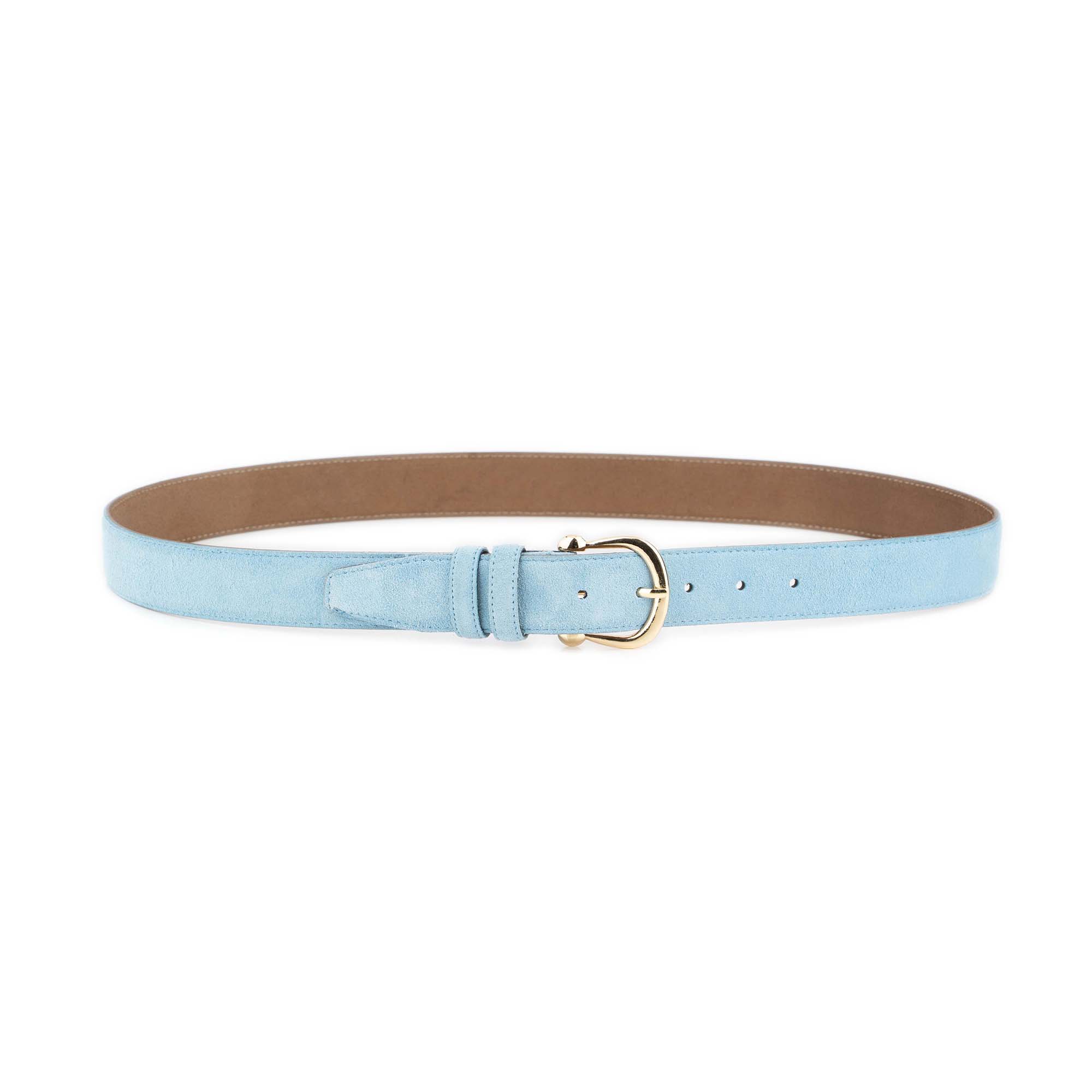 Women's Light Blue Suede Belt With Gold Horseshoe Buckle 2