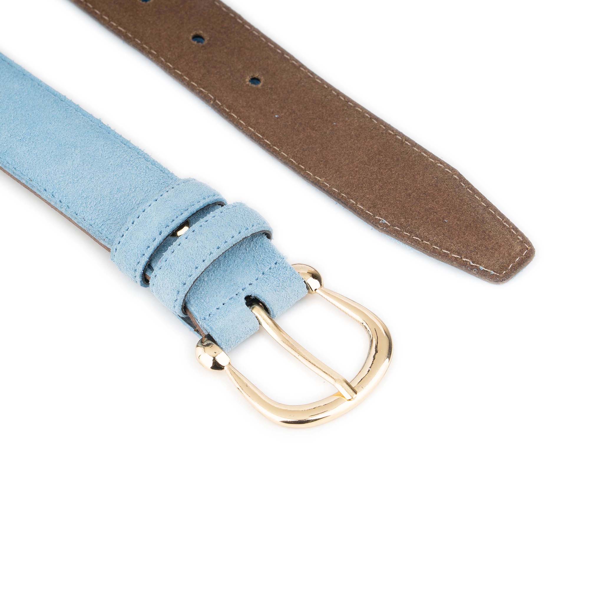 Women's Light Blue Suede Belt With Gold Horseshoe Buckle 3