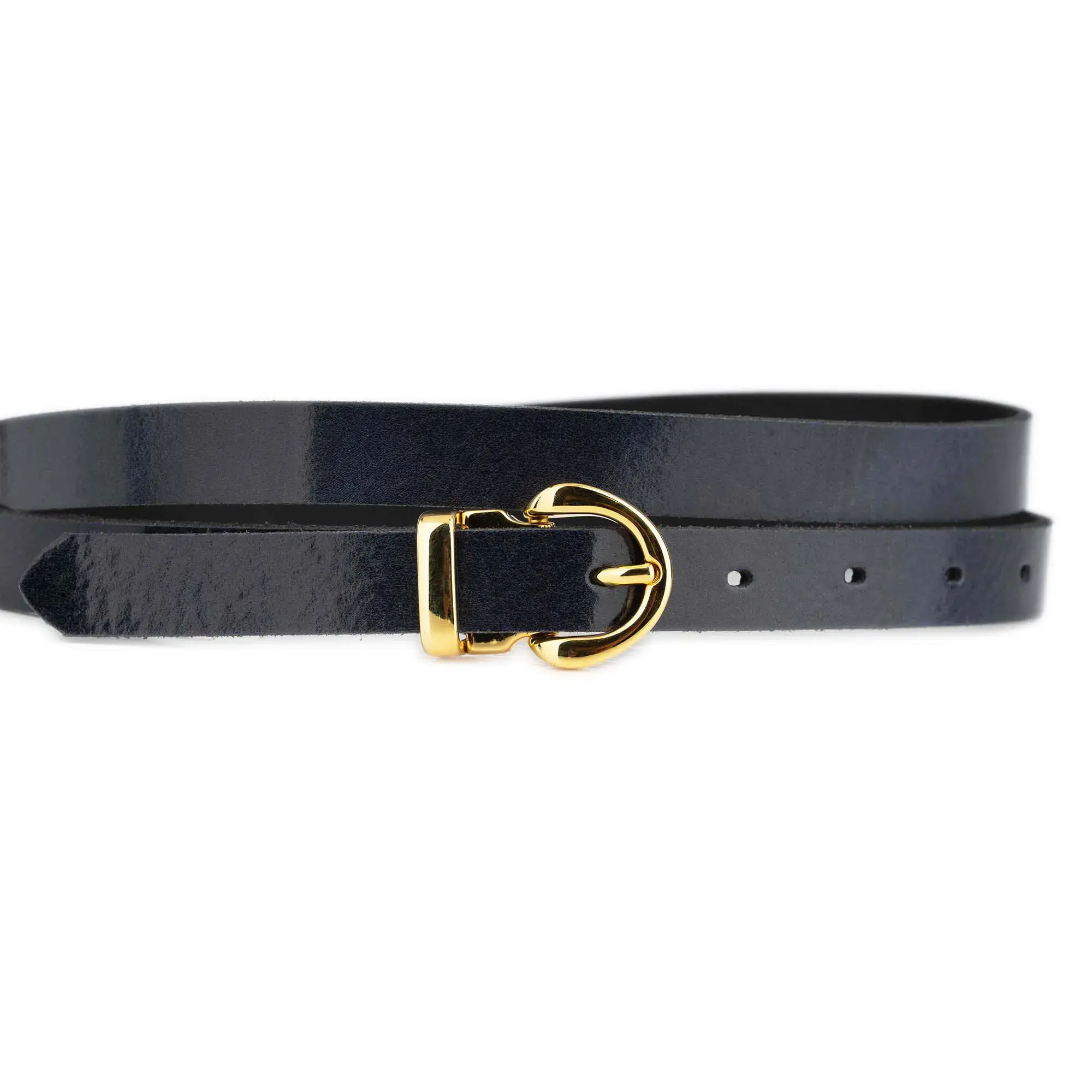 Womens Navy Blue Belt With Gold Buckle Glazed Leather 2