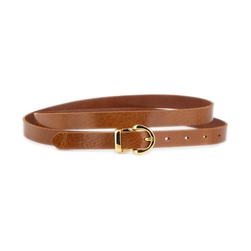 Womens Thin Brown Belt With Gold Buckle - 2.0 cm