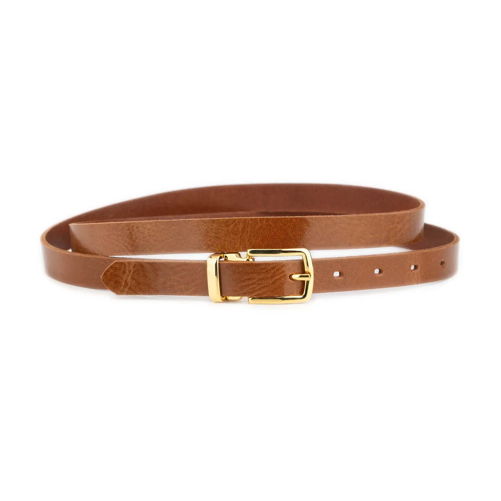 Women's Thin Cognac Belt with Gold Buckle Glazed Leather 1 GLAZZY 20 COGN GOLRECMAG