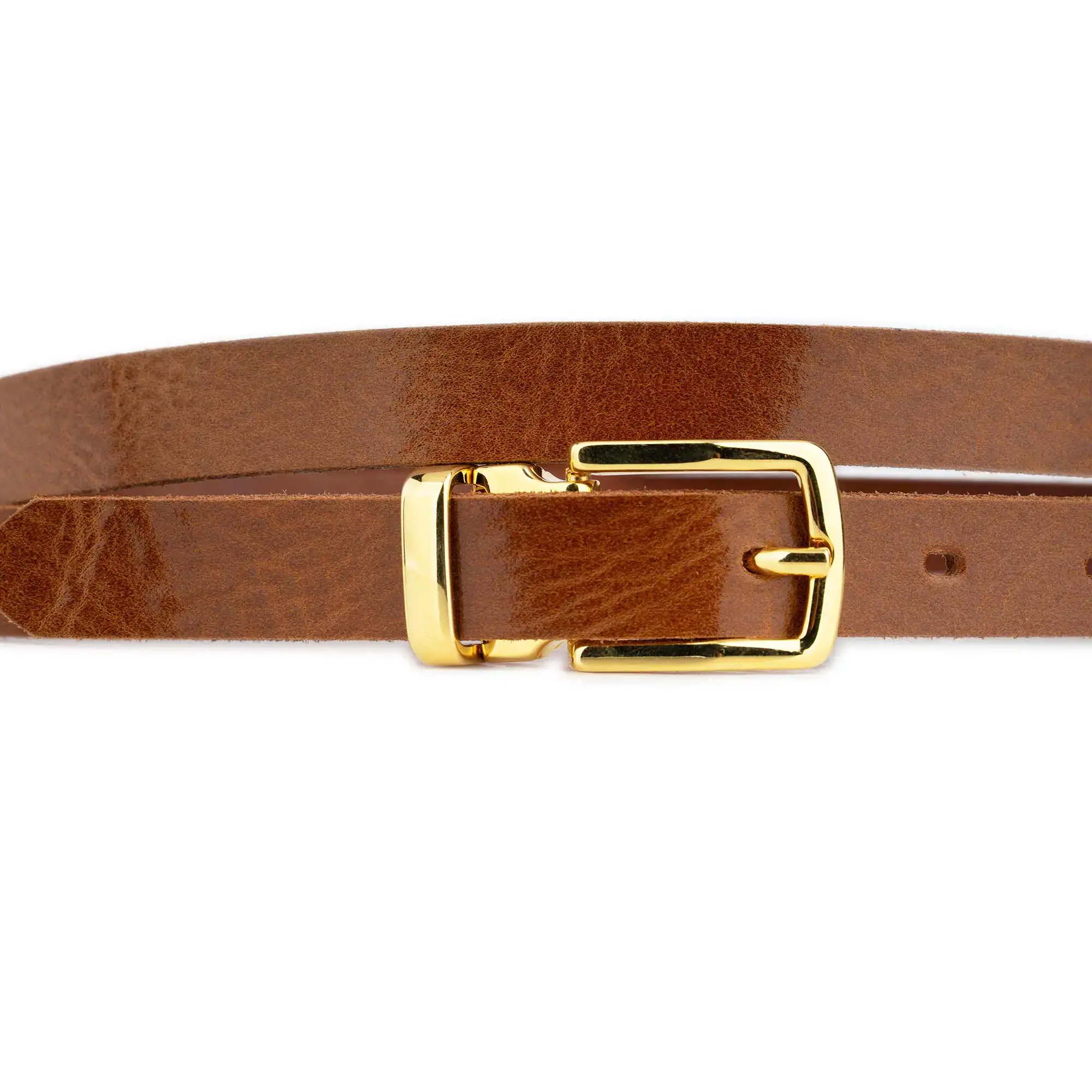 Women's Thin Cognac Belt with Gold Buckle Glazed Leather 2