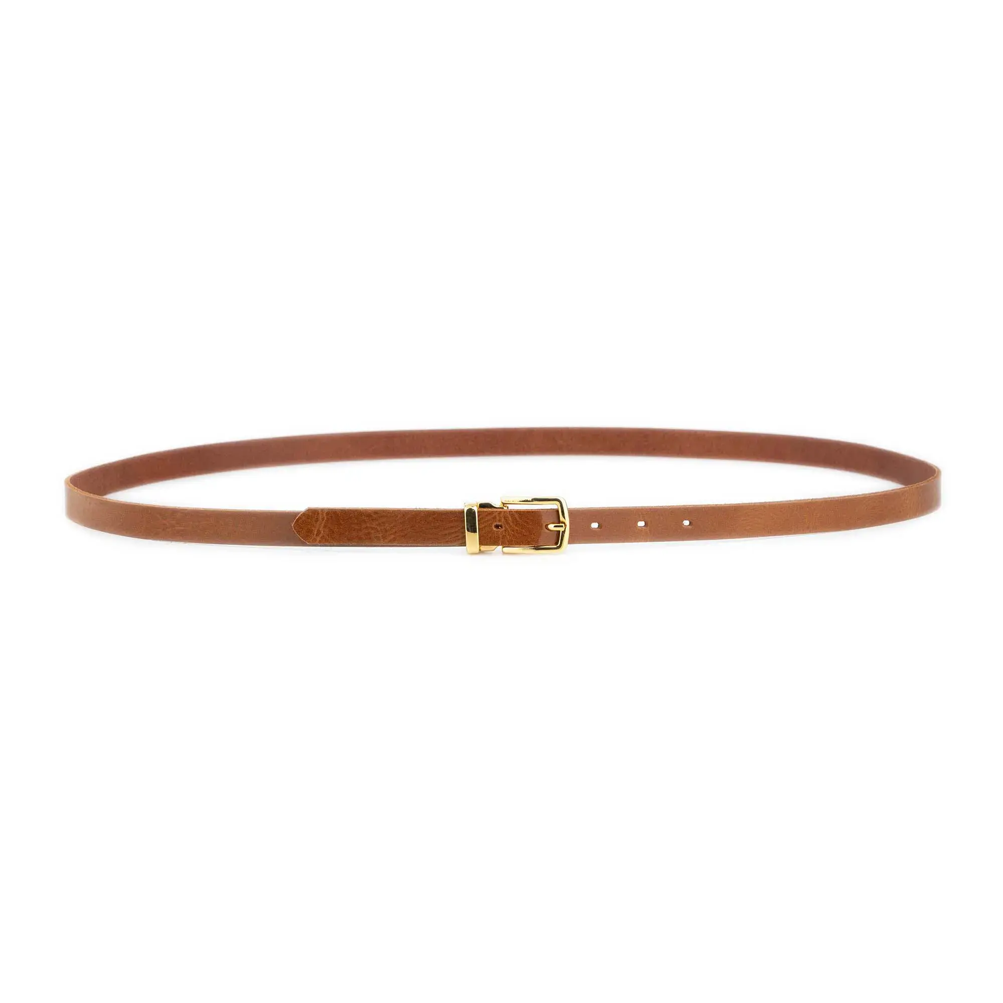 Women's Thin Cognac Belt with Gold Buckle Glazed Leather 3