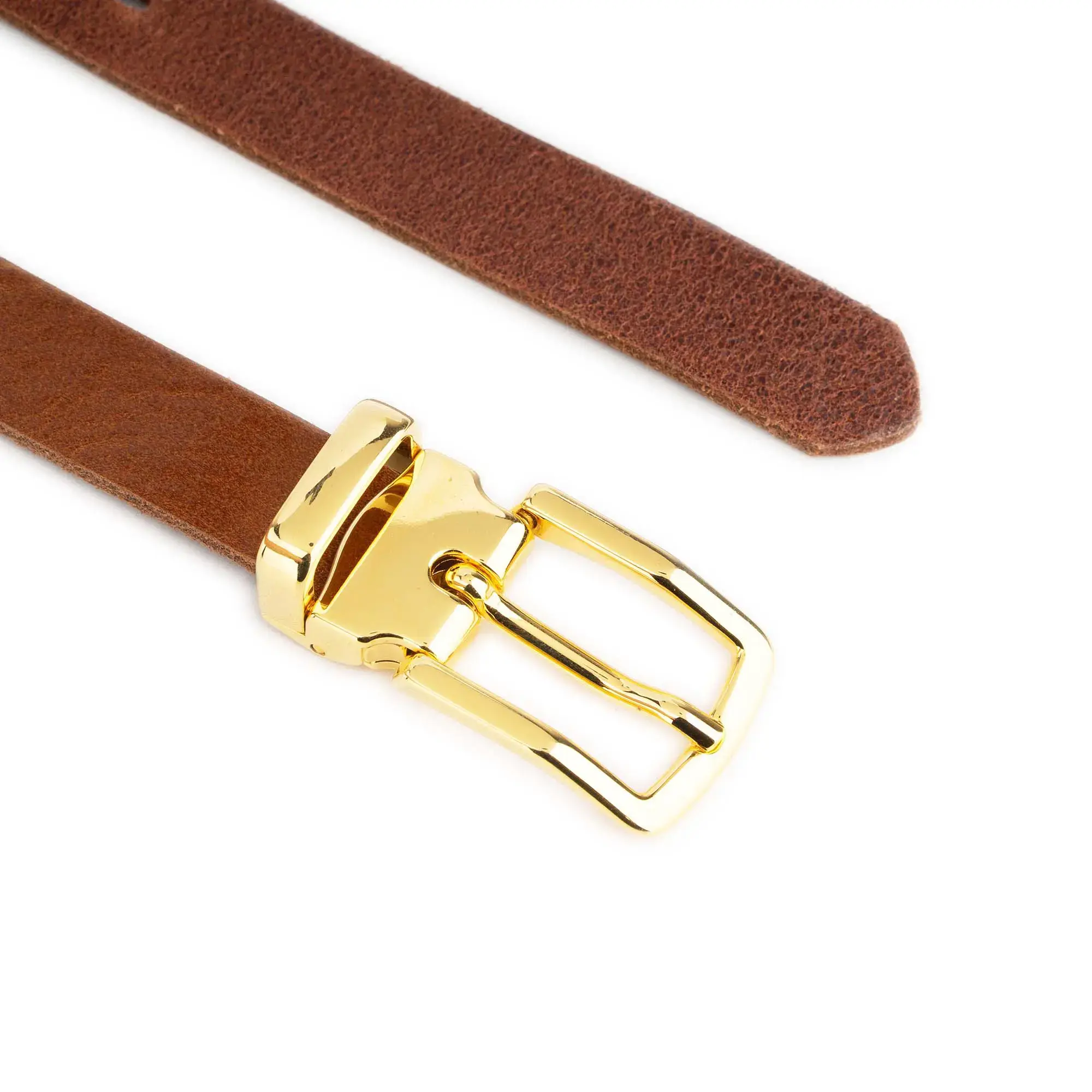 Women's Thin Cognac Belt with Gold Buckle Glazed Leather 4