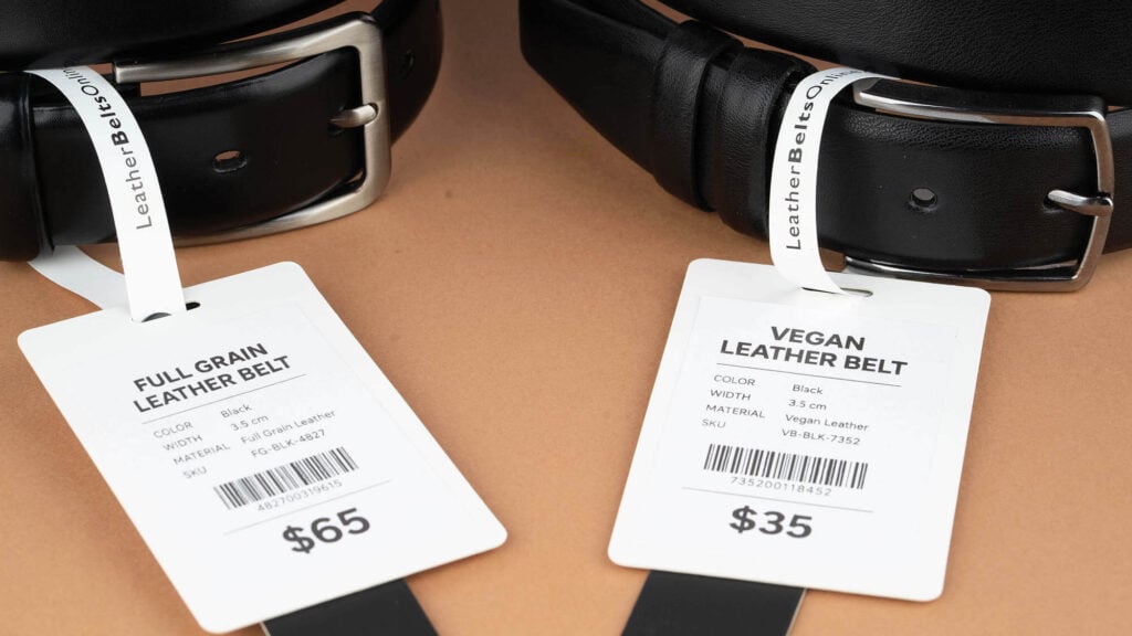 Price tag comparison vegan belt vs real leather belt 3