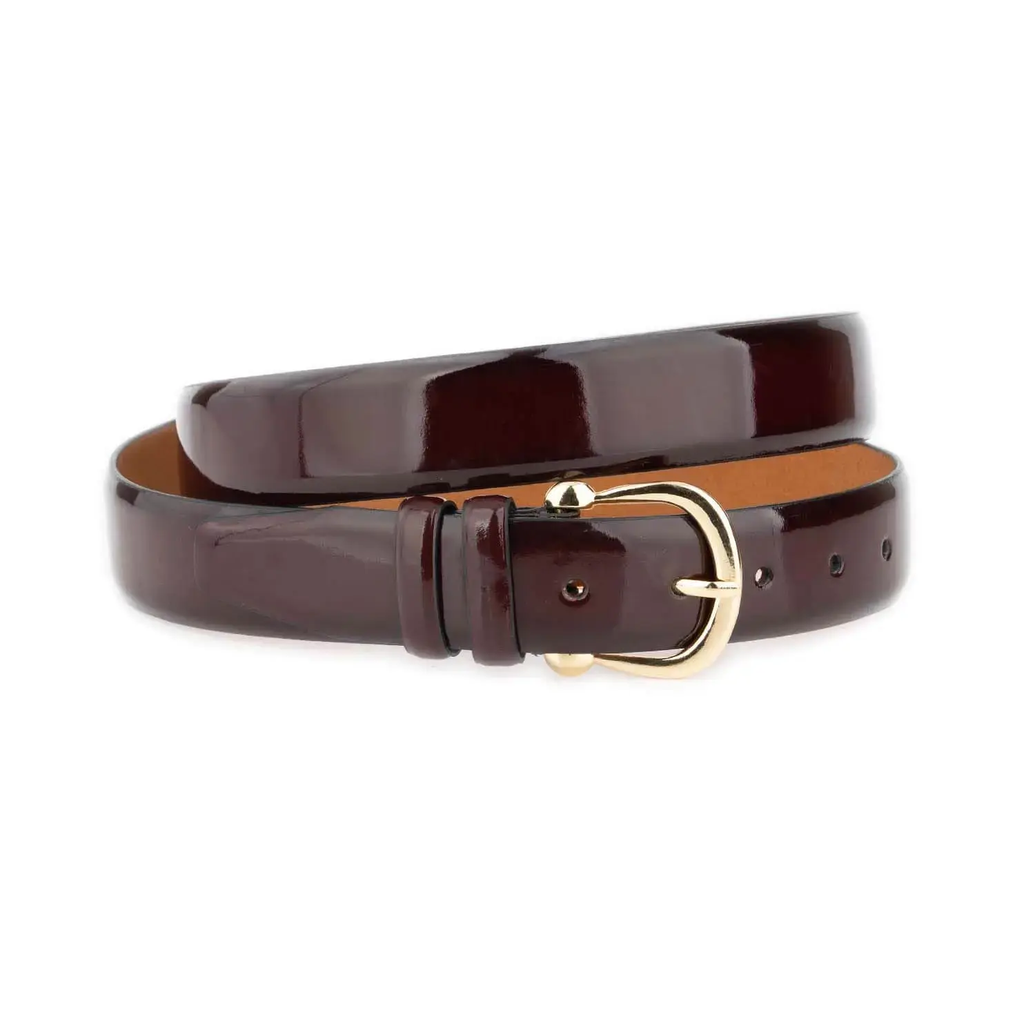 Women's Burgundy Patent Leather Belt with Gold Buckle 1 PATEBURG35 HORGOLD KASV