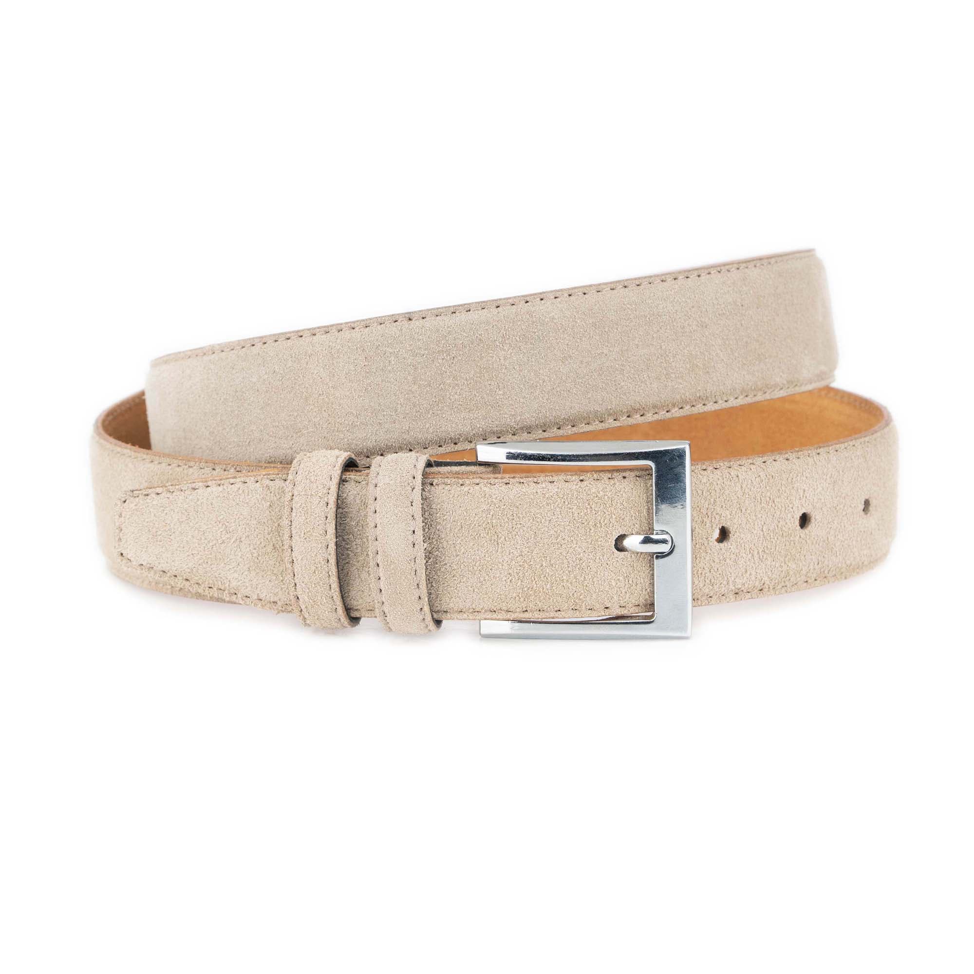taupe suede belt with shiny chrome buckle 1 LTTAUP 35 SQNICK KSV
