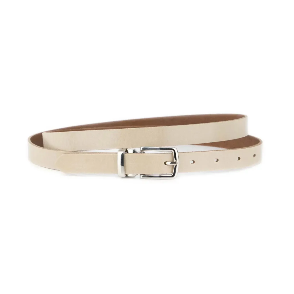 Thin Mens Cream Leather Belt With Silver Buckle 1 GLAZZY 20 LITAUP SILRECMAG